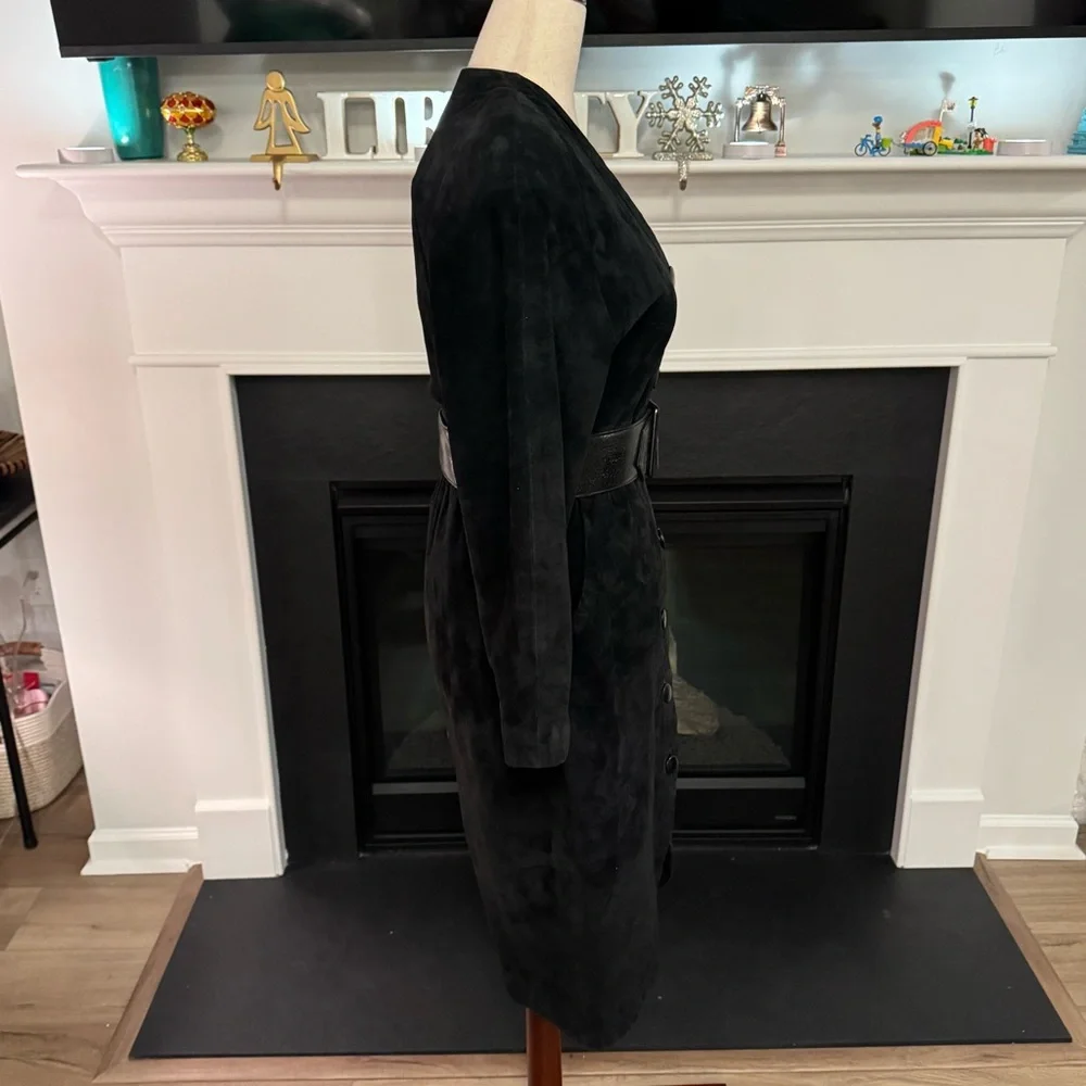 🖤 Vintage Carolyne Barton Black Suede Belted Shirt Dress – Size 4 - Picture 6 of 12